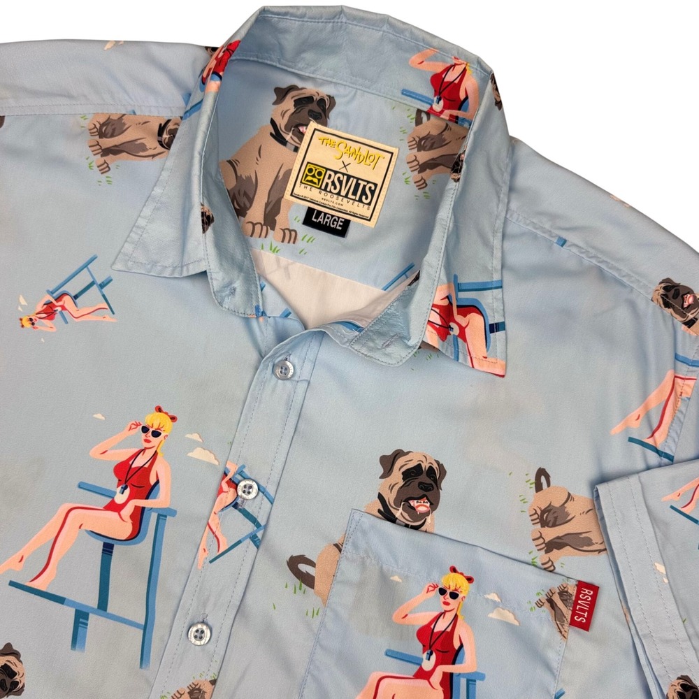 RSVLTS x The Sandlot Shirt Mens Large Blue Wendy Peffercorn Pug Hawaiian Novelty